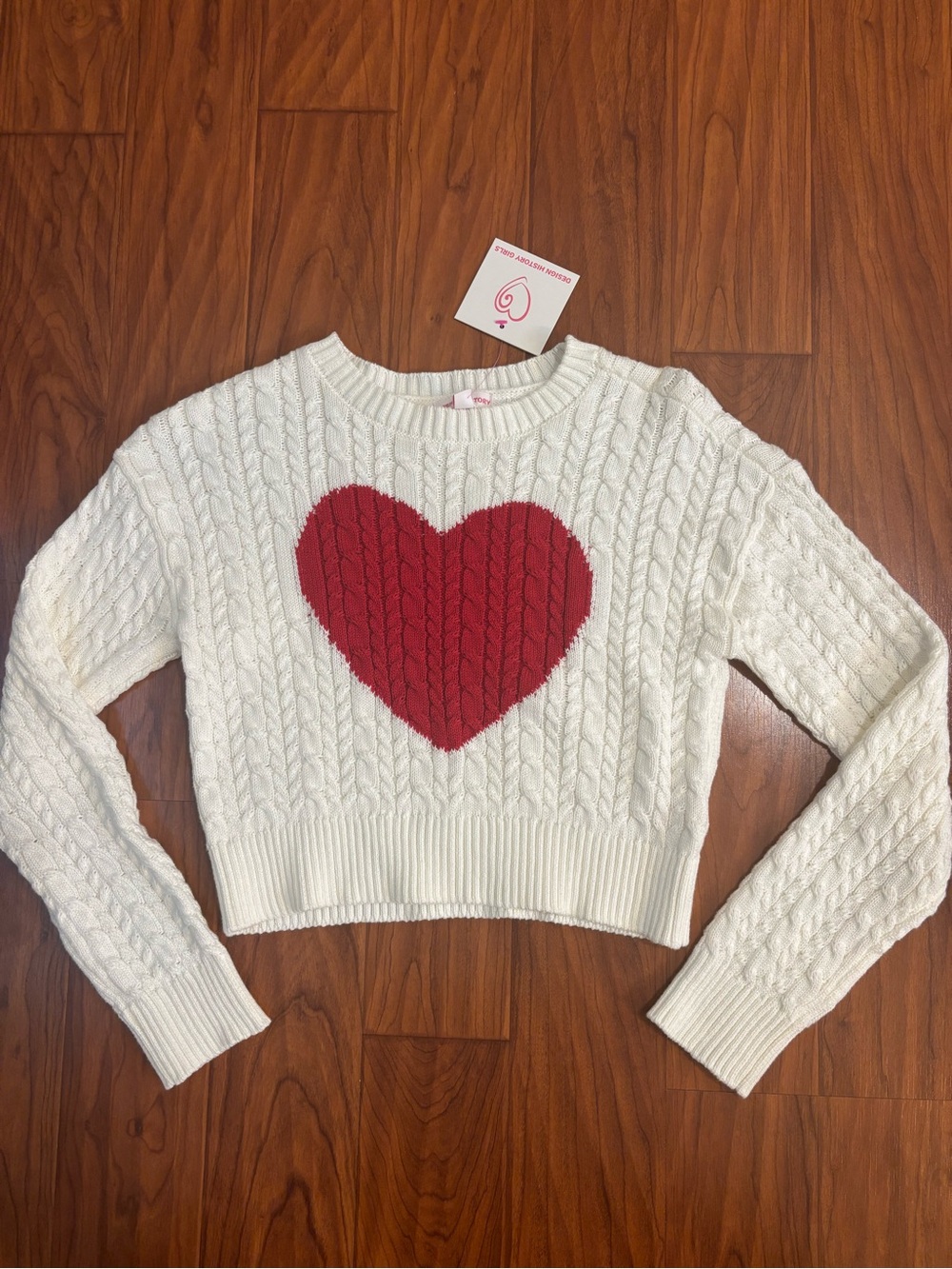 NWT Design History Girls Winter White Cable-Knit Sweater Red Heart Girls Small